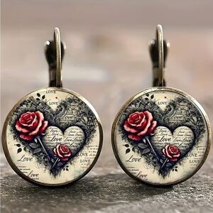 Vintage Rose Heart Earrings | Romantic Love Print | Antique Gold Drop Earrings